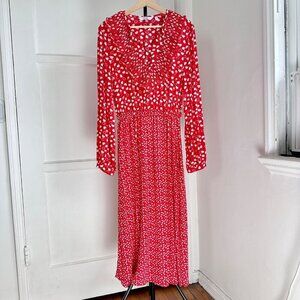 And Other Stories Frill Neck Red Love Heart L/S Midi Dress Paris Atelier, Size 6